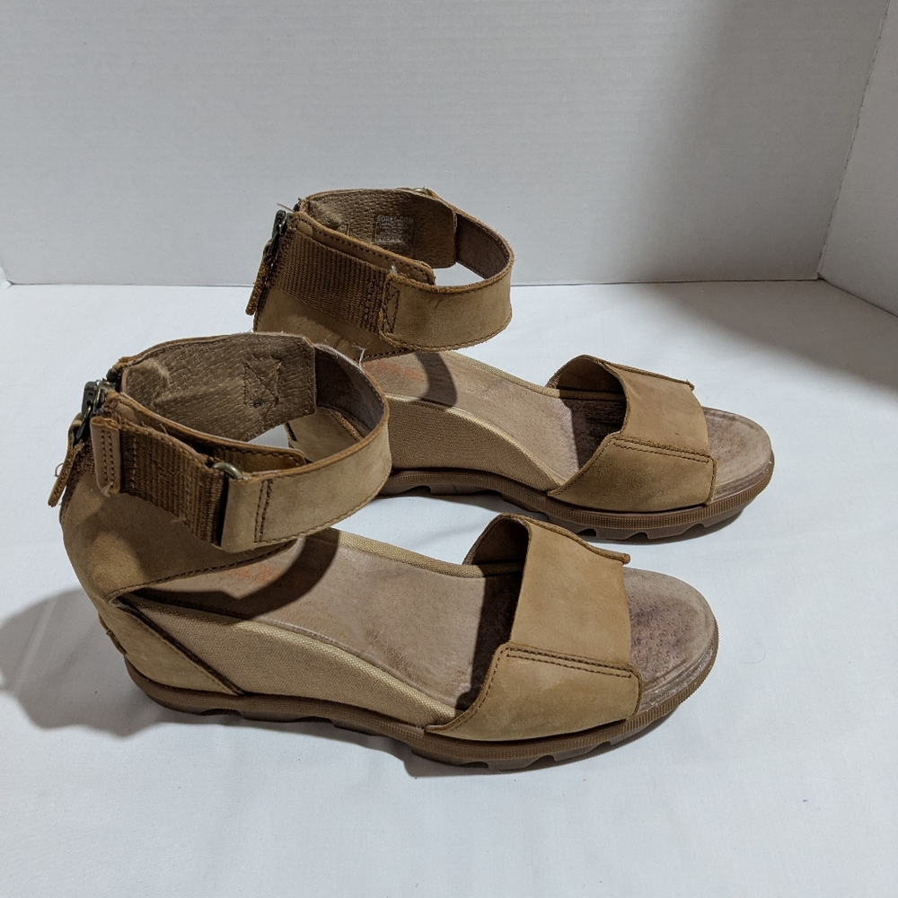 SOREL Women Joanie Ankle Strap Open Toe Wedge Sandals Brown Leather Size 9